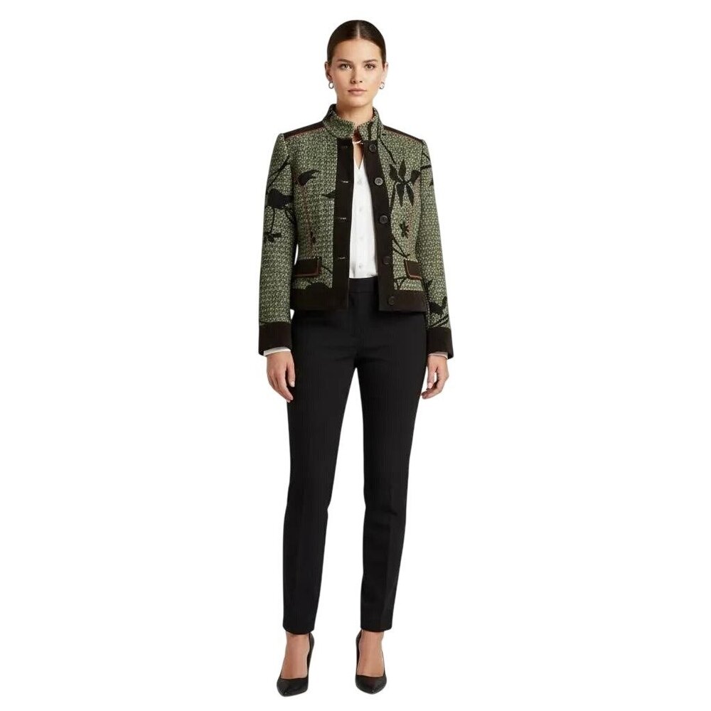 Otti Zen High Neck Button Front Faux Pockets Tweed Jacket Green/Black Small - Picture 1 of 12